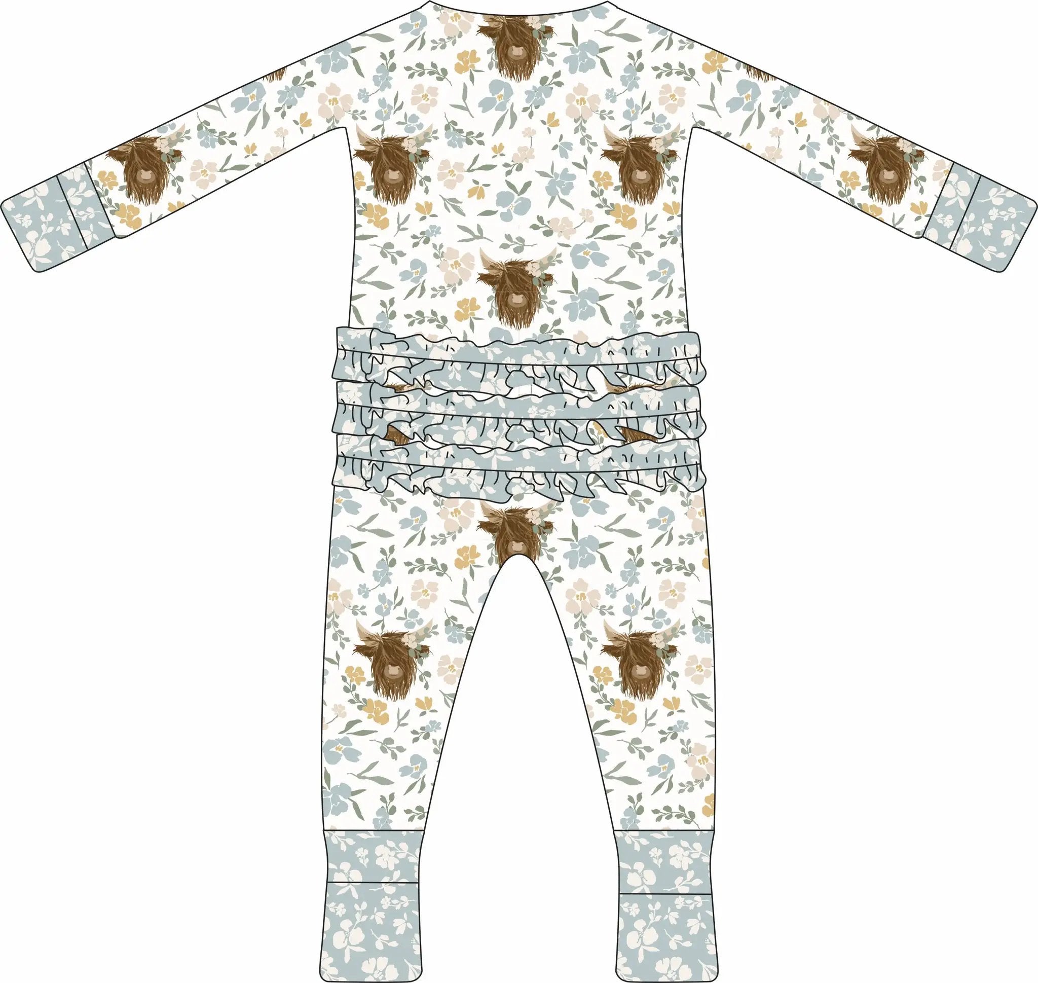 Max and Pippa - Bamboo Floral Highland Cow Zippie Convertible Pajamas