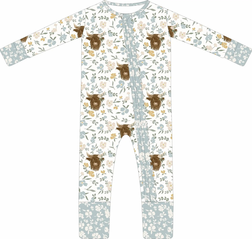 Max and Pippa - Bamboo Floral Highland Cow Zippie Convertible Pajamas