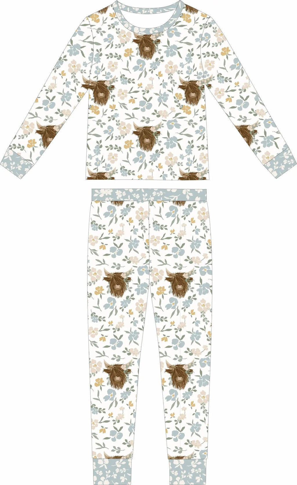 Max and Pippa - Bamboo Floral Highland Cow 2-Piece Pajama Set