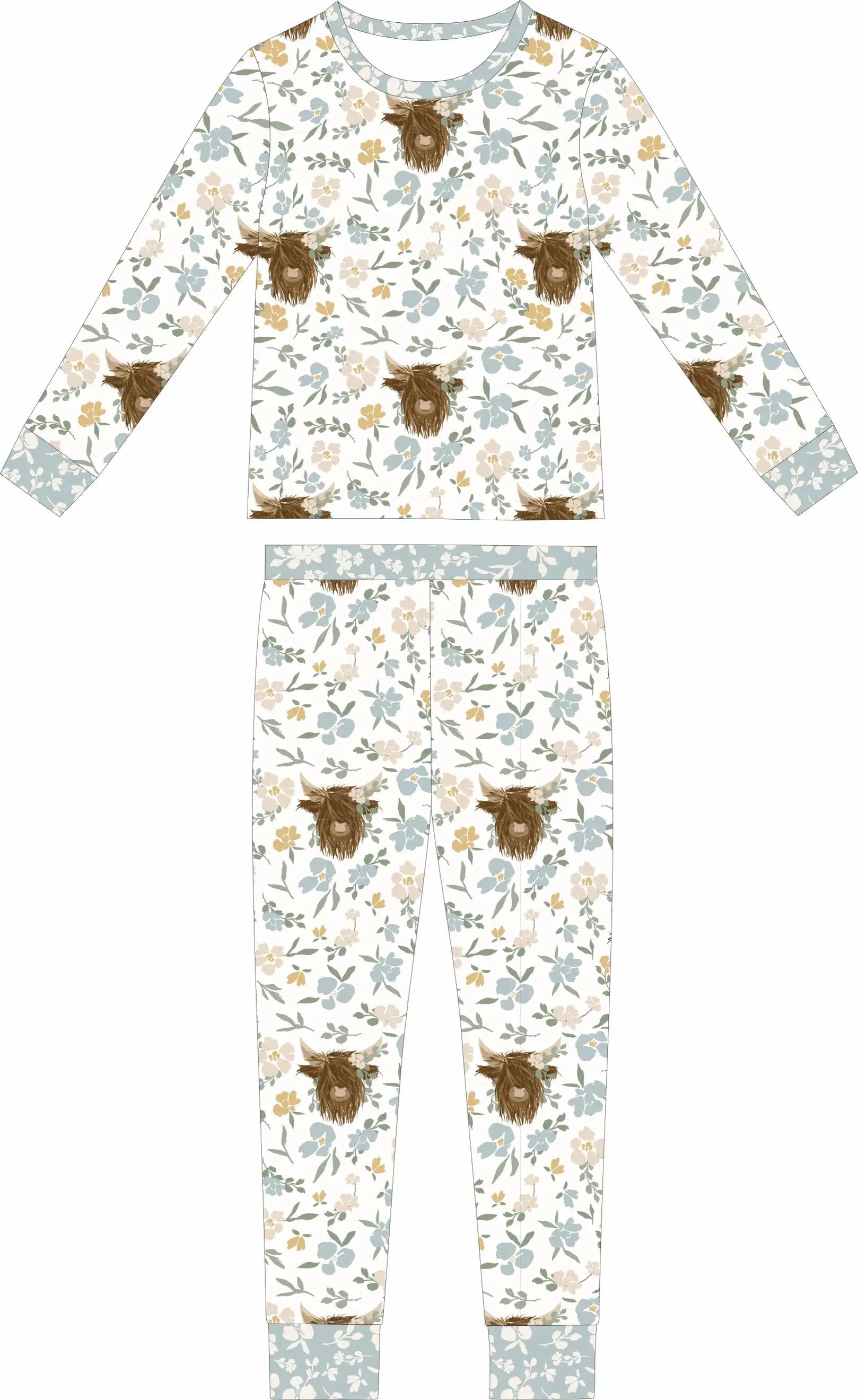 Max and Pippa - Bamboo Floral Highland Cow 2-Piece Pajama Set