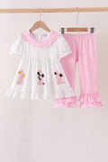 Pink Prayer Embroidery Ruffle Pants Set
