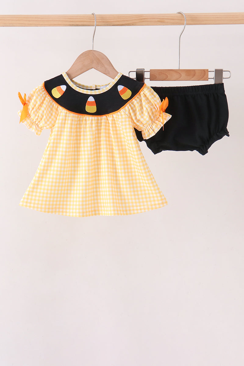 Mustard Candy Embroidery Gingham Bloomer Set