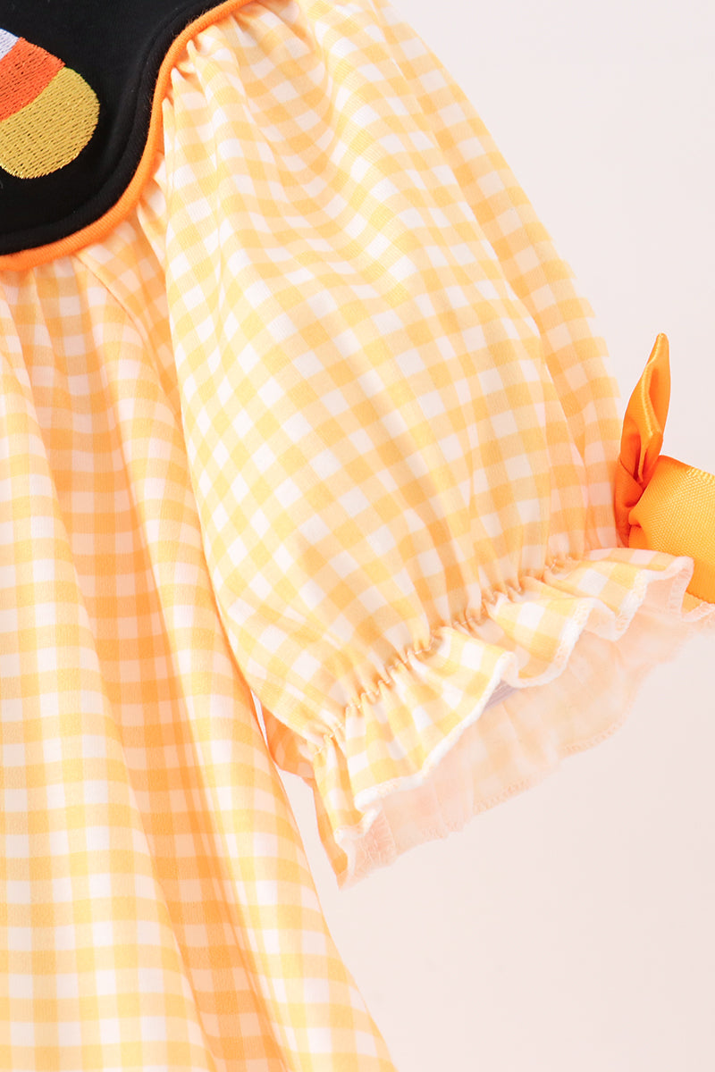Mustard Candy Embroidery Gingham Dress