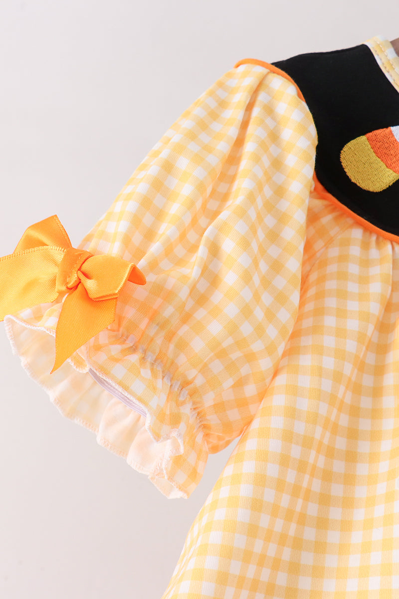 Mustard Candy Embroidery Gingham Ruffle Pants Set