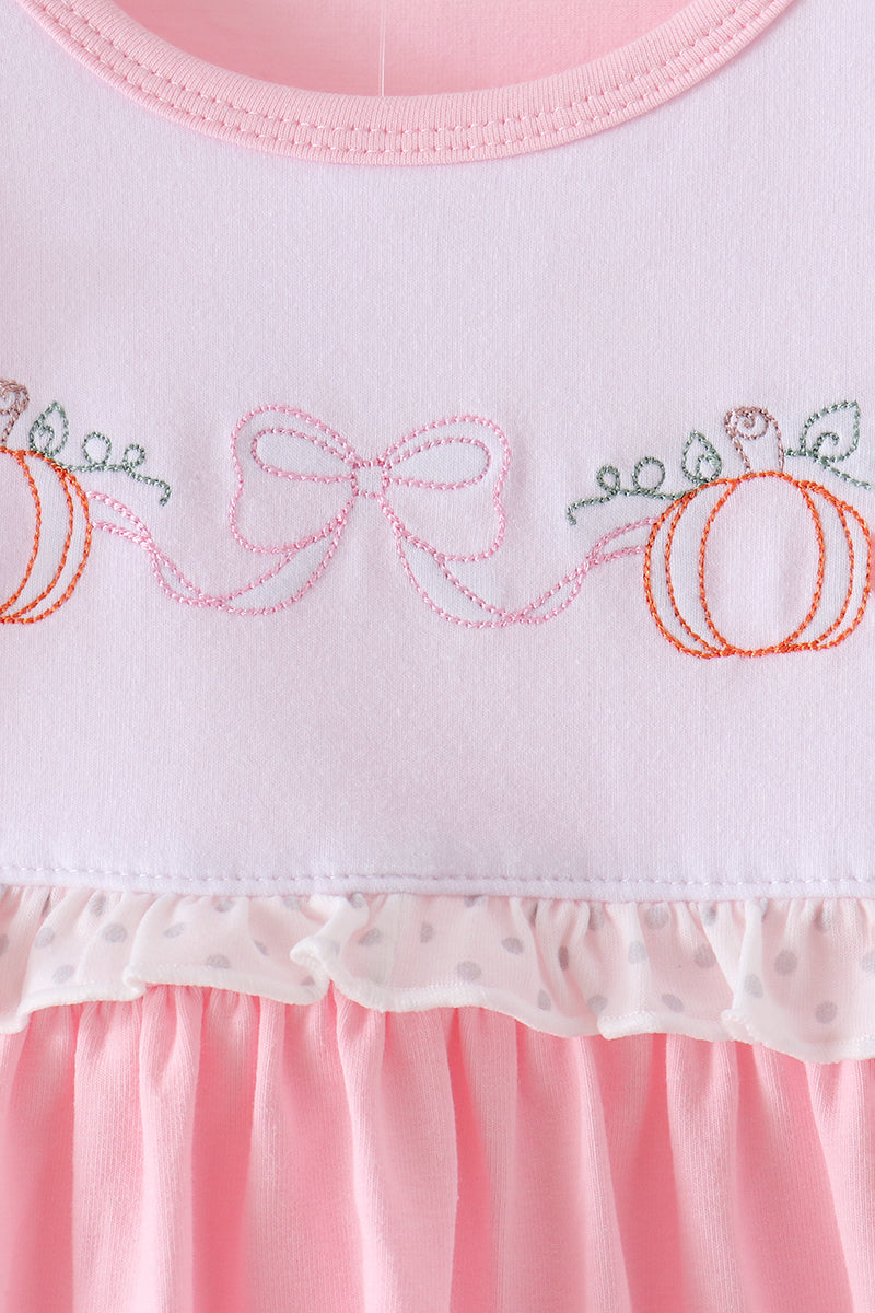 Pink Pumpkin Bow Embroidery Ruffle Shorts Set
