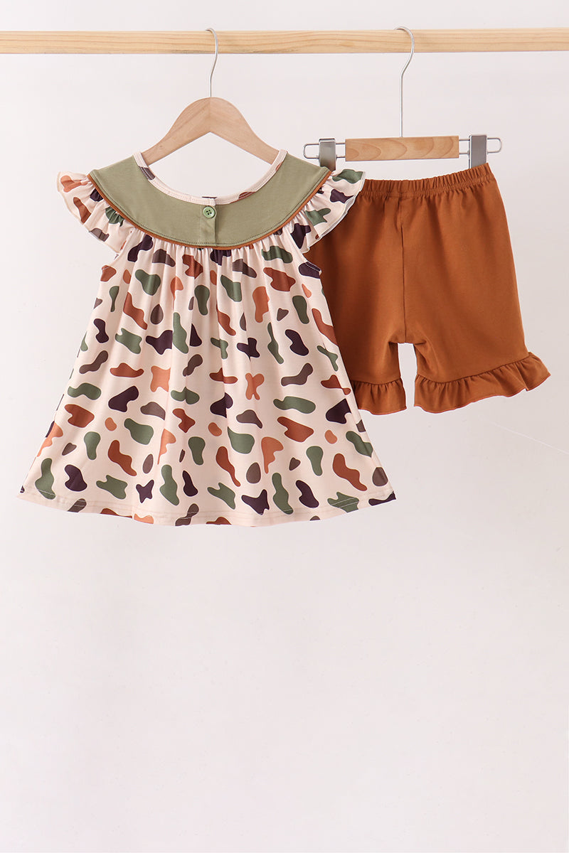 Camouflage Pumpkin Embroidery Ruffle Shorts Set
