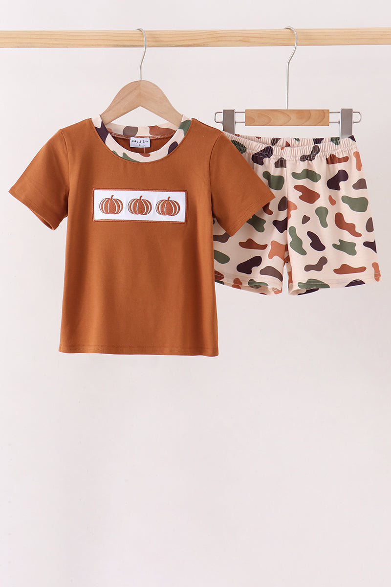 Camouflage Pumpkin Embroidery Shorts Set