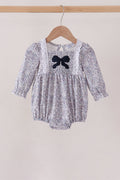 Navy Floral Bow Smocked Bubble
