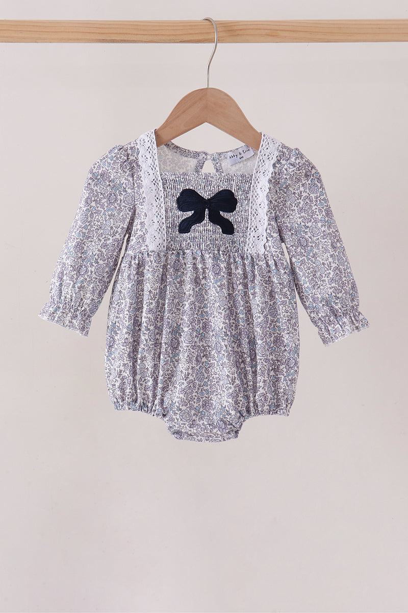 Navy Floral Bow Smocked Bubble