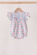 Blue Floral Smocked Ruffle Bubble