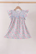 Blue Floral Smocked Ruffle Dress