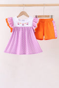 Purple Bucket Candy Embroidery Ruffle Shorts Set