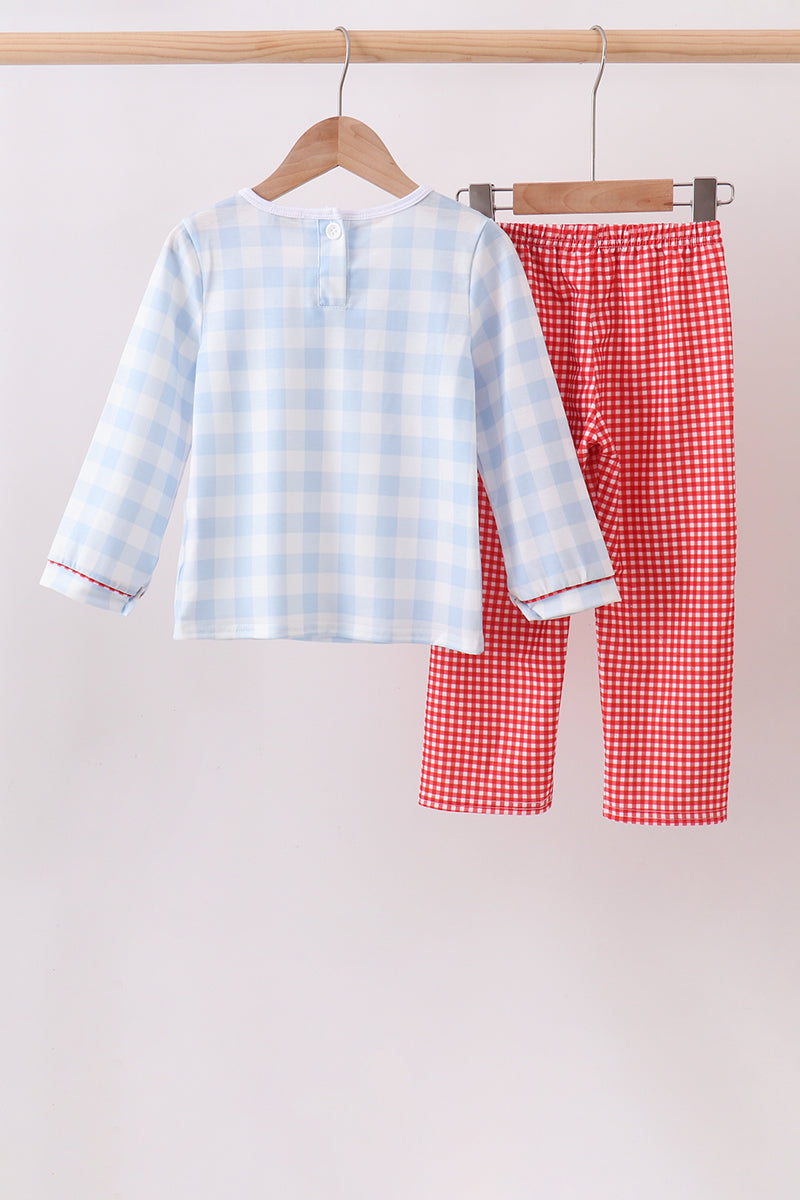 Blue Farm Embroidery Gingham Pants Set