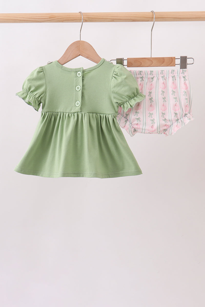 Sage Pumpkin Bow Embroidery Bloomer Set
