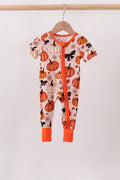 Orange Pumpkin Floral Bow Bamboo Romper