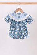 Blue pumpkin bow smocked lace bubble