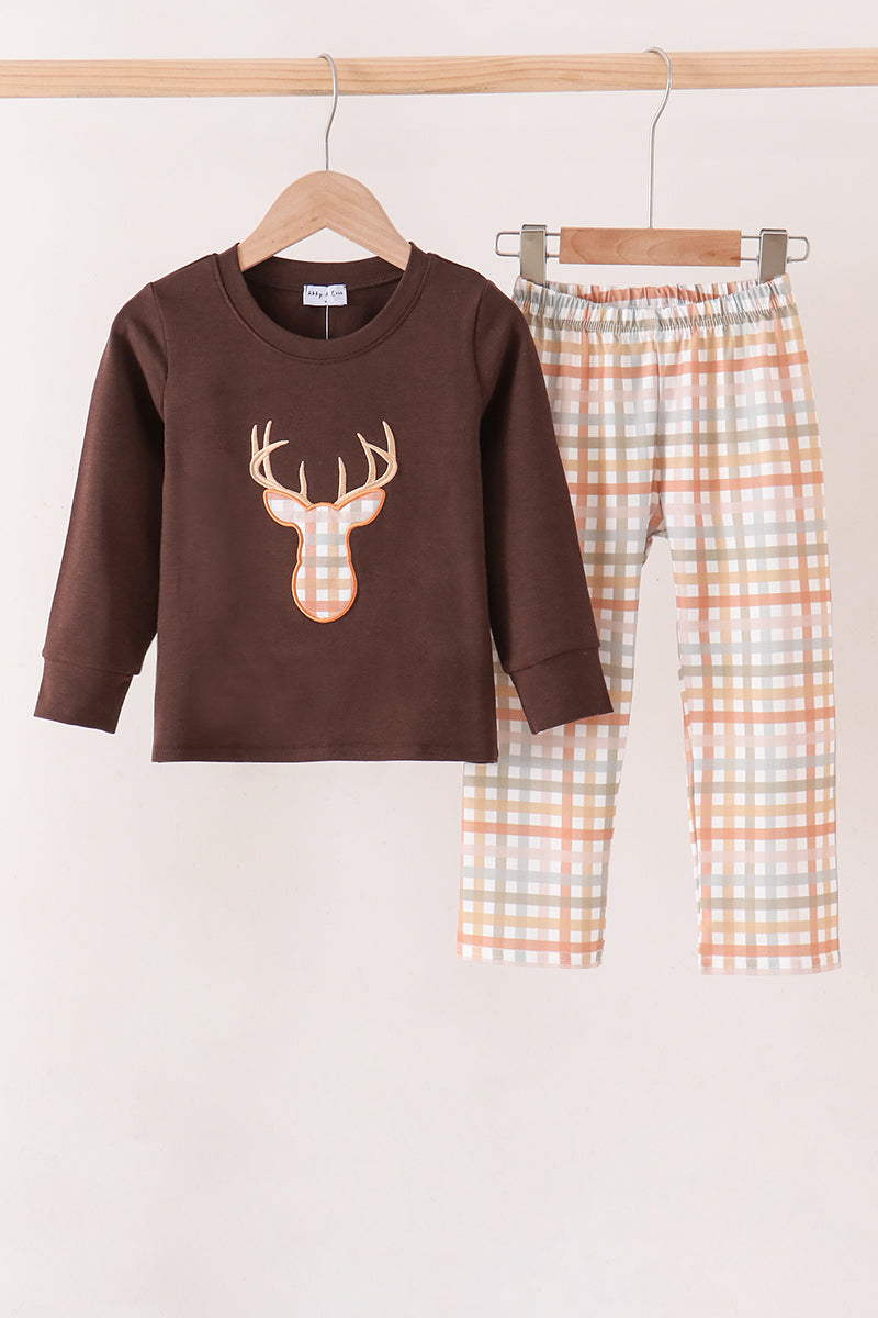 Brown deer applique plaid pants set
