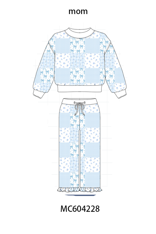 Blue floral bow checkered mom&me pants set