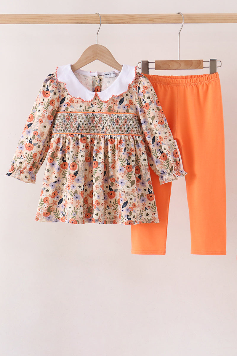 Coral floral smocked pants set