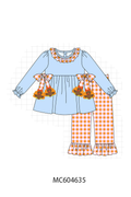 Blue Turkey Applique Gingham Ruffle Pants Set