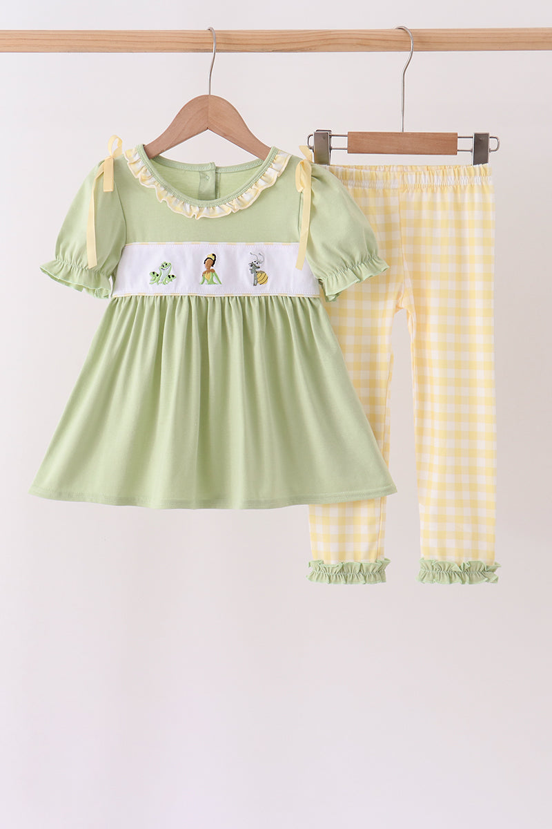 Green Princess Frog Embroidery Ruffle Pants Set