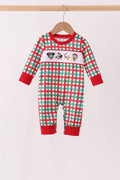 Red Character Embroidery Gingham Romper