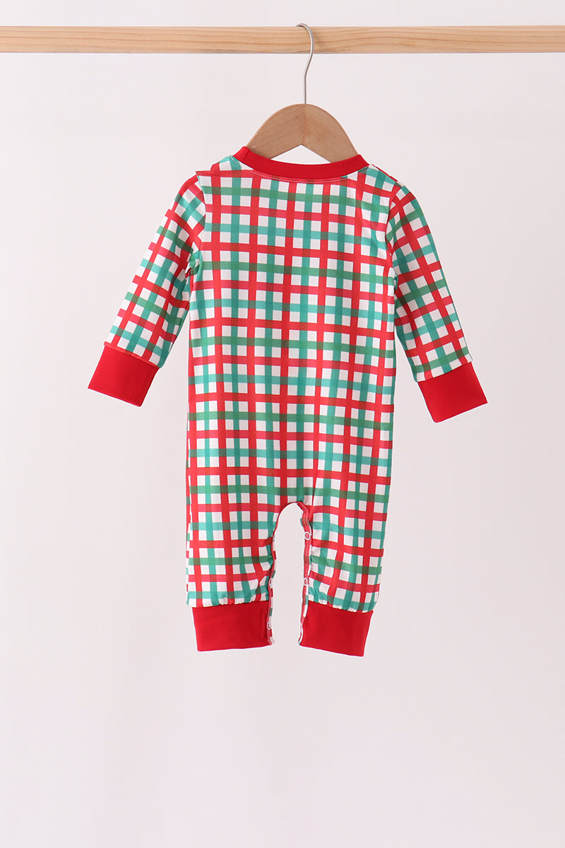 Red Character Embroidery Gingham Romper