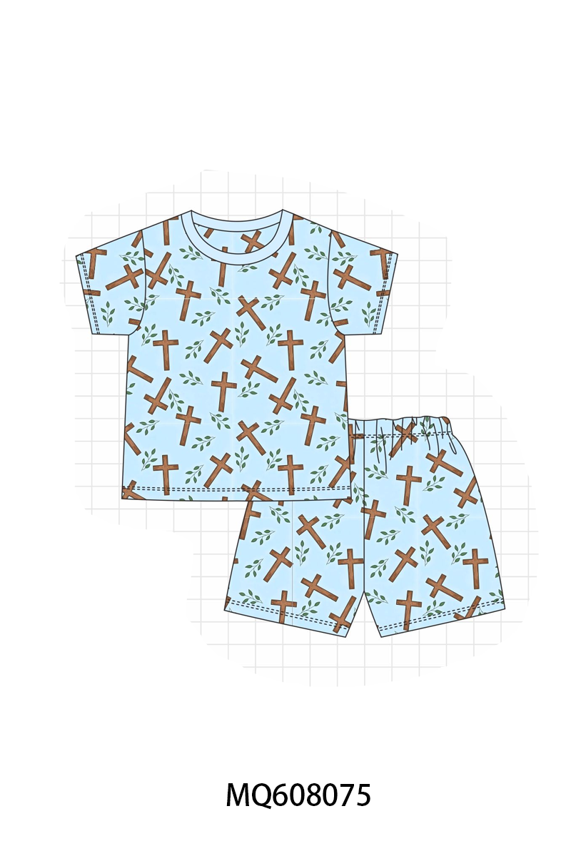 PO103 Blue&pink cross floral print bamboo collection