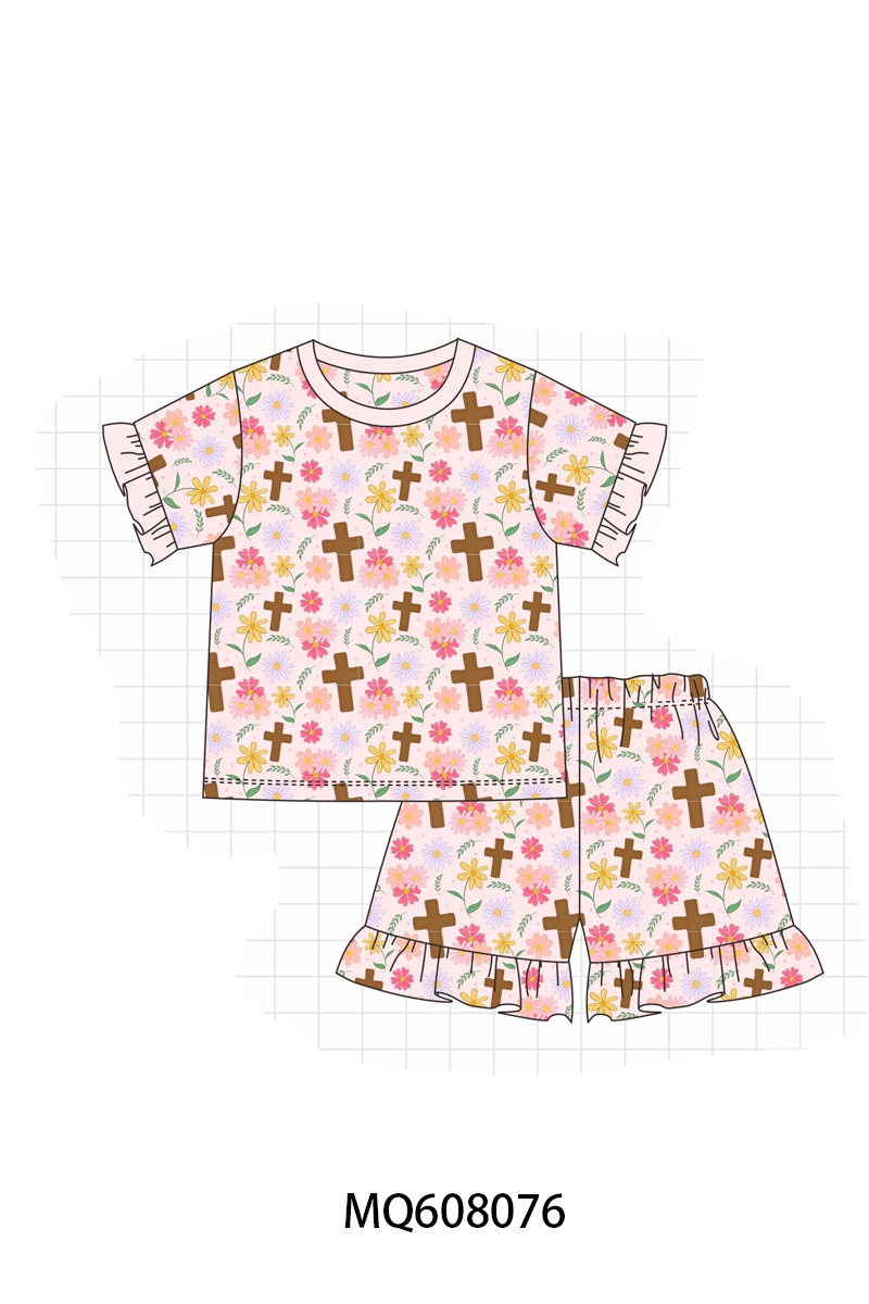 PO103 Blue&pink cross floral print bamboo collection