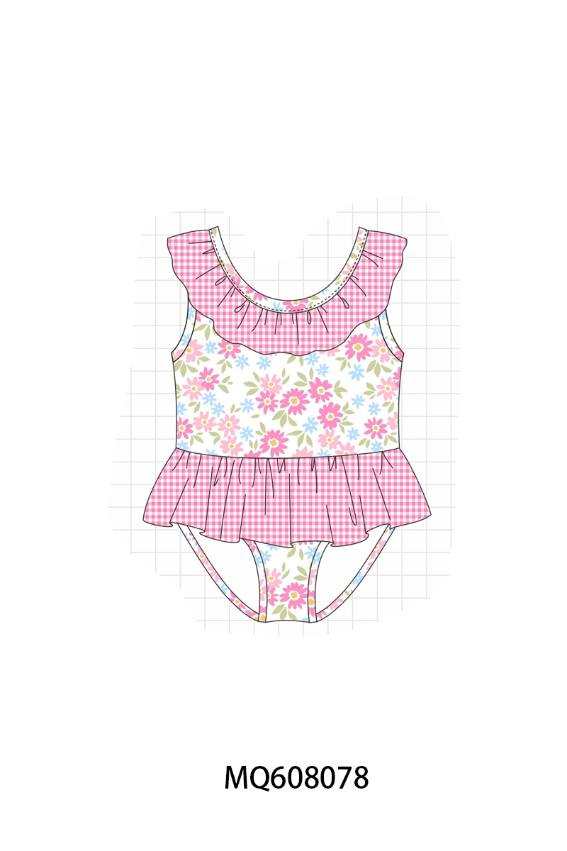 PO103 Pink floral print ruffle swimsuit