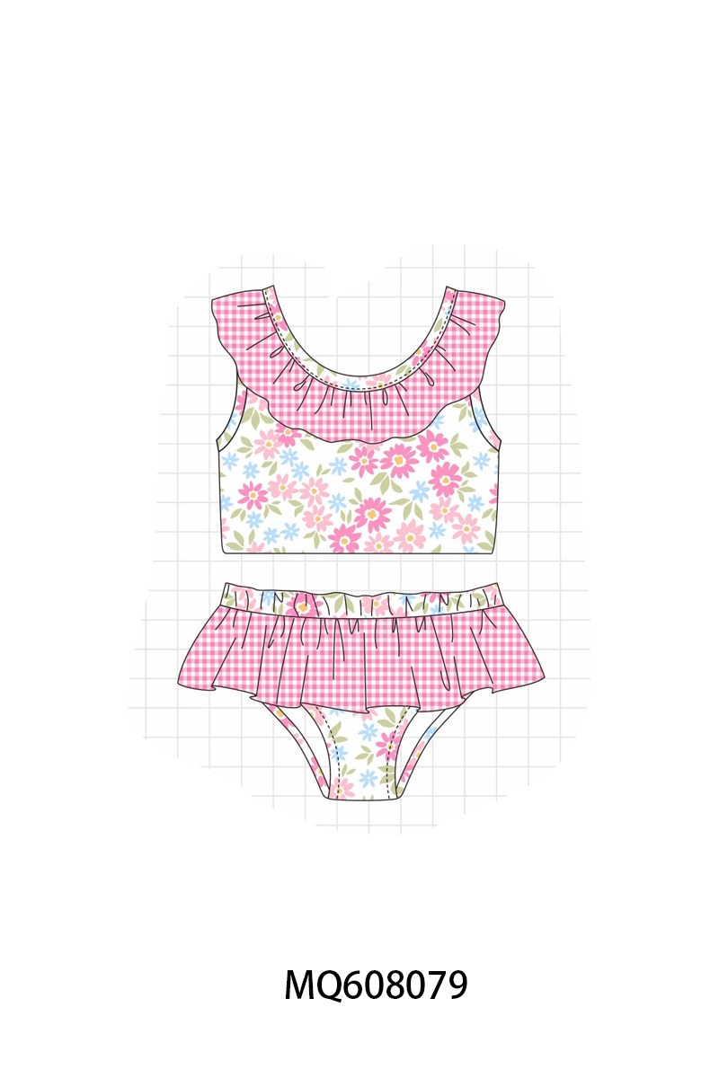 PO103 Pink floral print ruffle swimsuit