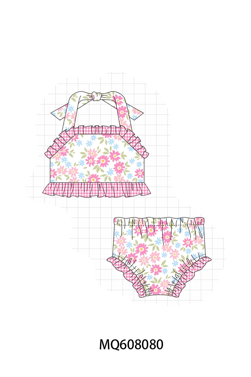 PO103 Pink floral print ruffle swimsuit