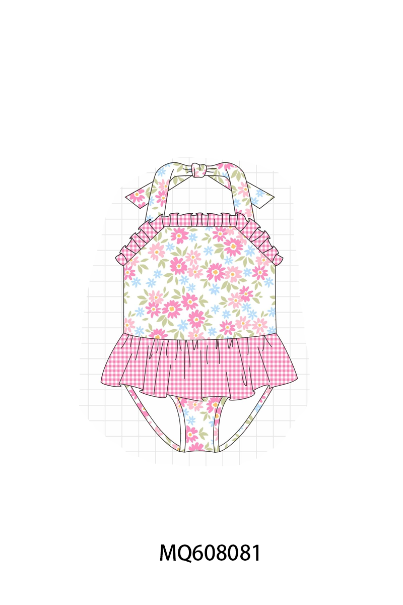 PO103 Pink floral print ruffle swimsuit