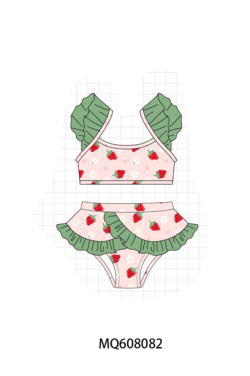 PO103 Pink strawberry print ruffle swimsuit