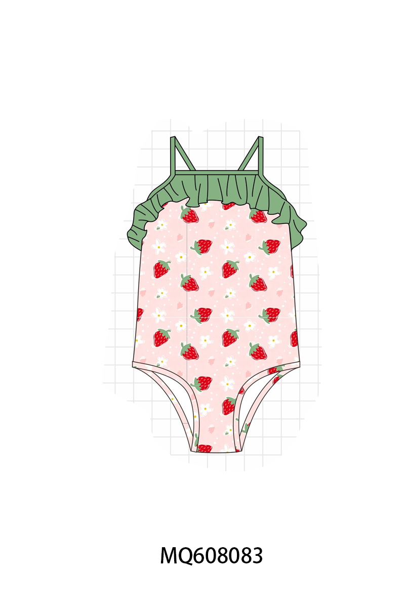 PO103 Pink strawberry print ruffle swimsuit