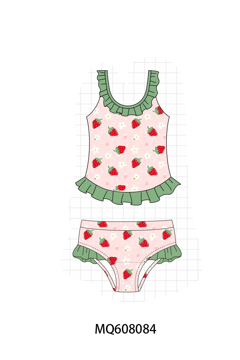 PO103 Pink strawberry print ruffle swimsuit