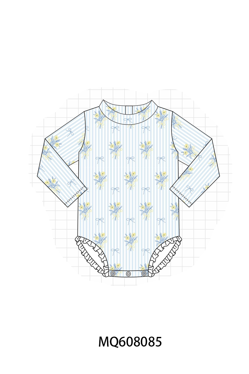 PO103 Blue floral bow stripe swimsuit collection