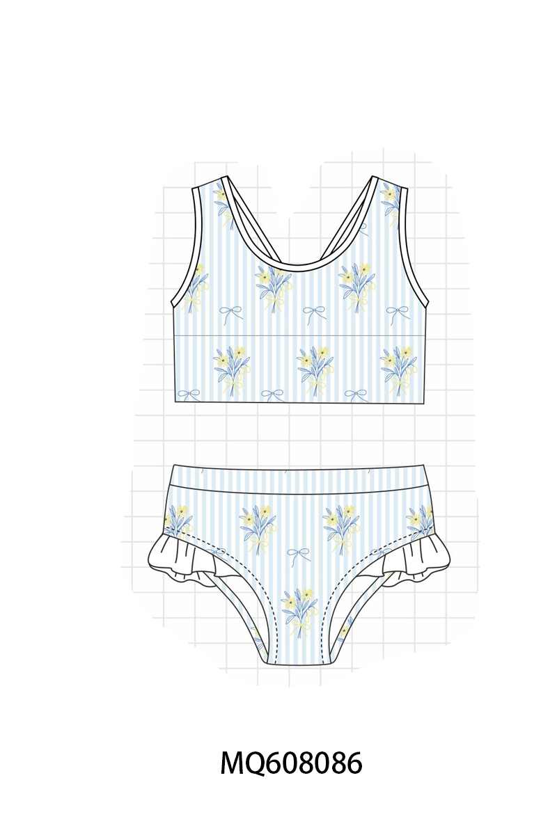 PO103 Blue floral bow stripe swimsuit collection