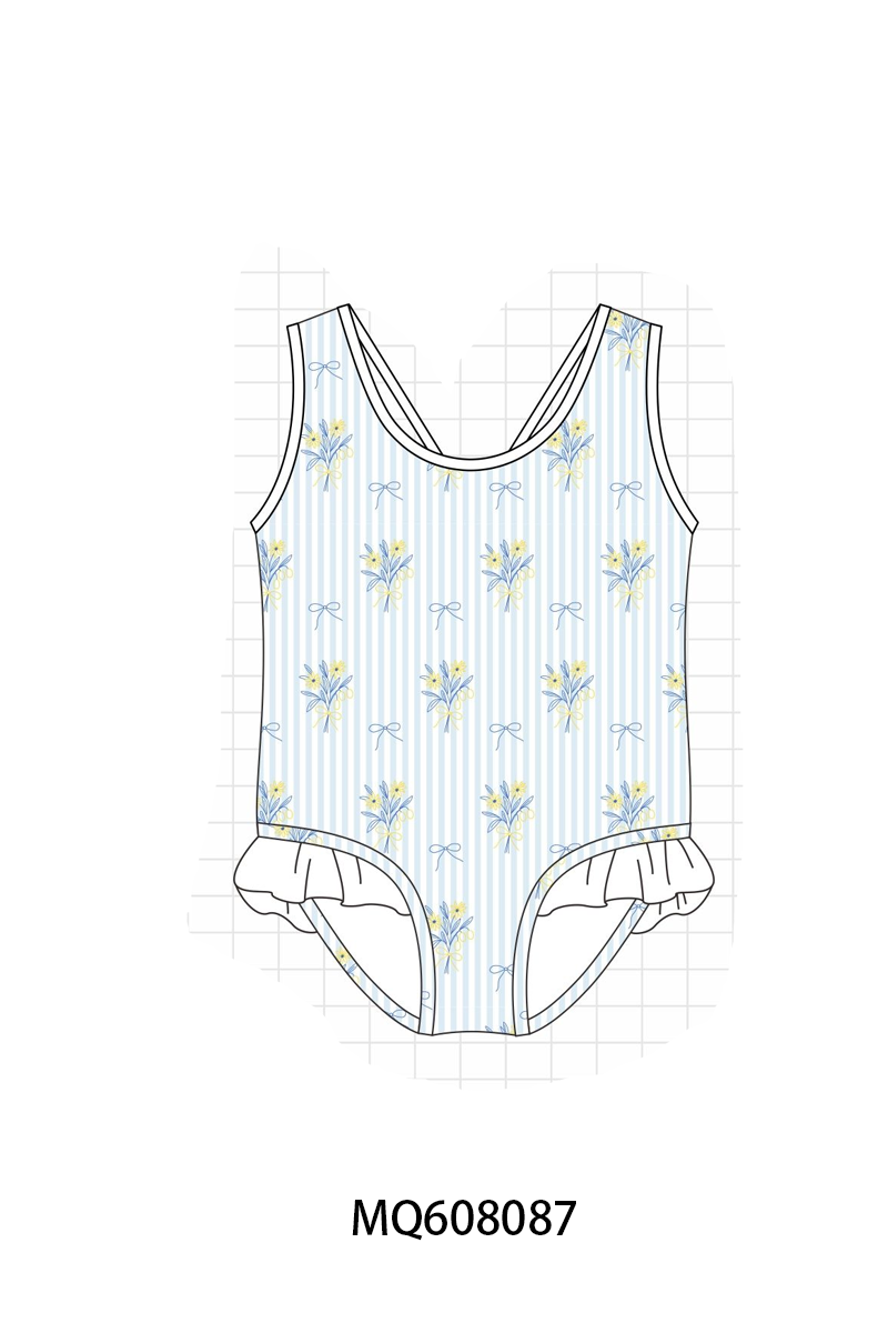 PO103 Blue floral bow stripe swimsuit collection