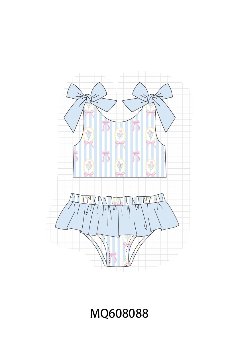 PO103 Blue stripe floral bow print ruffle swimsuit