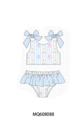 PO103 Blue stripe floral bow print ruffle swimsuit