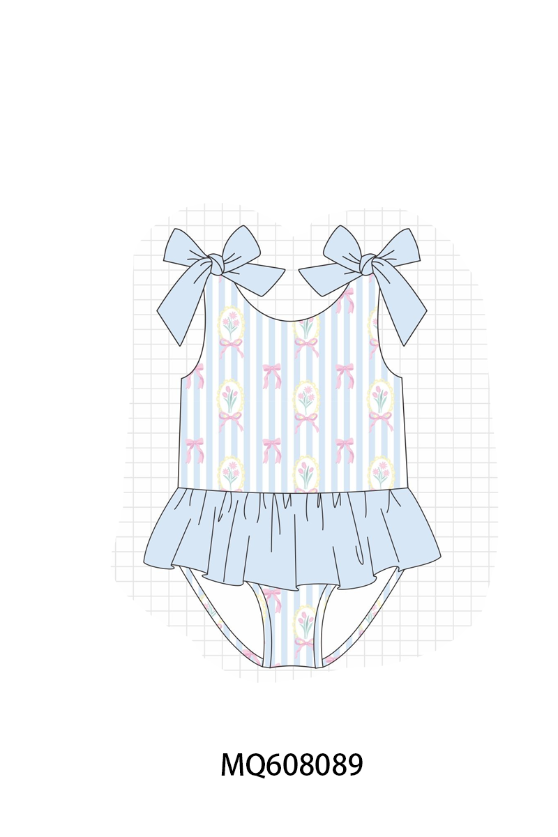 PO103 Blue stripe floral bow print ruffle swimsuit