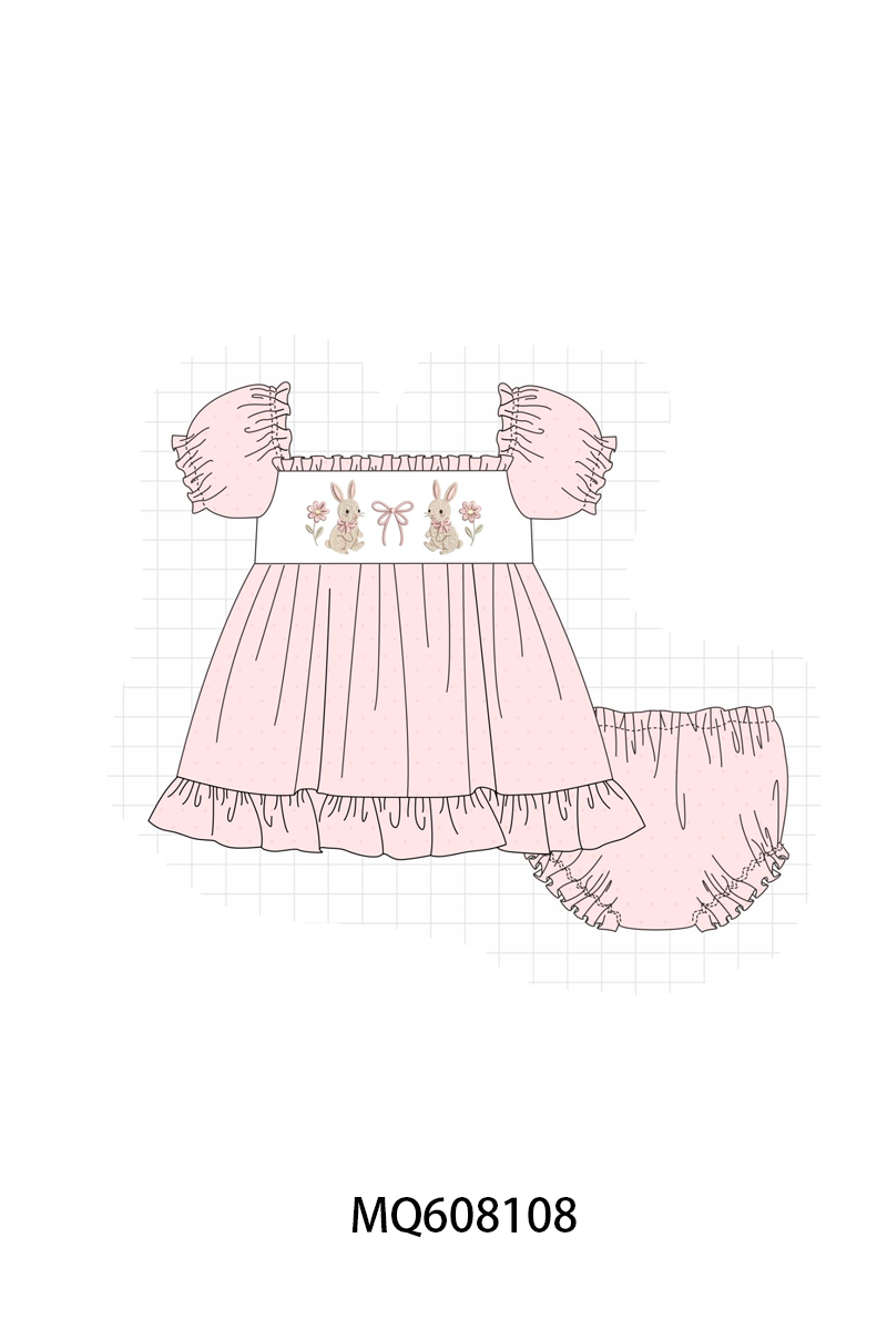 PO103 Pink bunny bow floral embroidery dot collection