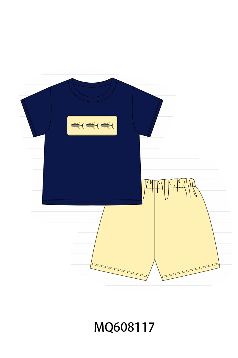 PO103 Navy fish embroidery collection