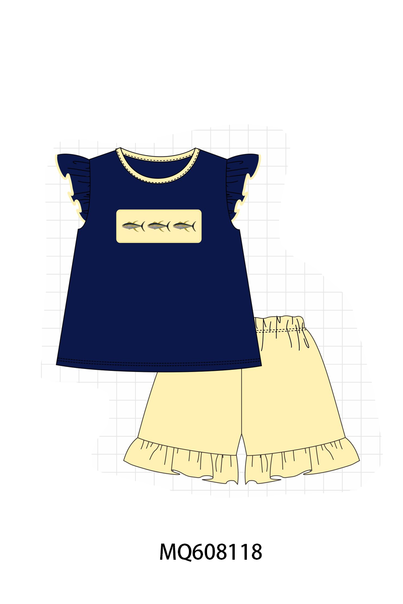 PO103 Navy fish embroidery collection
