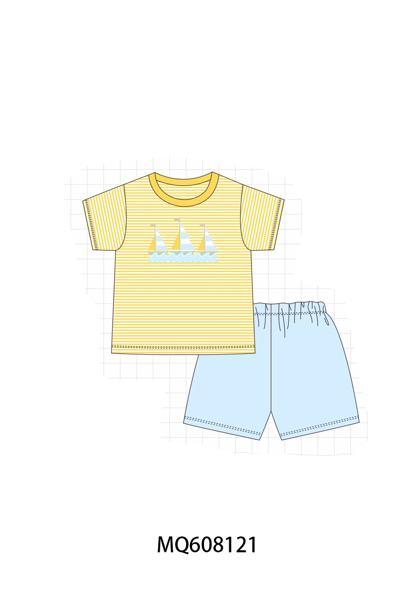 PO103 Mustard sailboat embroidery stripe collection