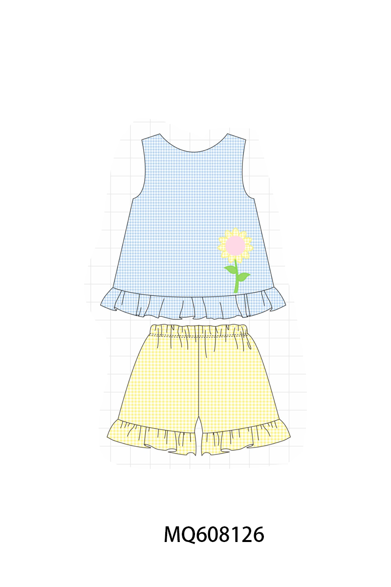 PO103 Blue gingham floral applique ruffle collection