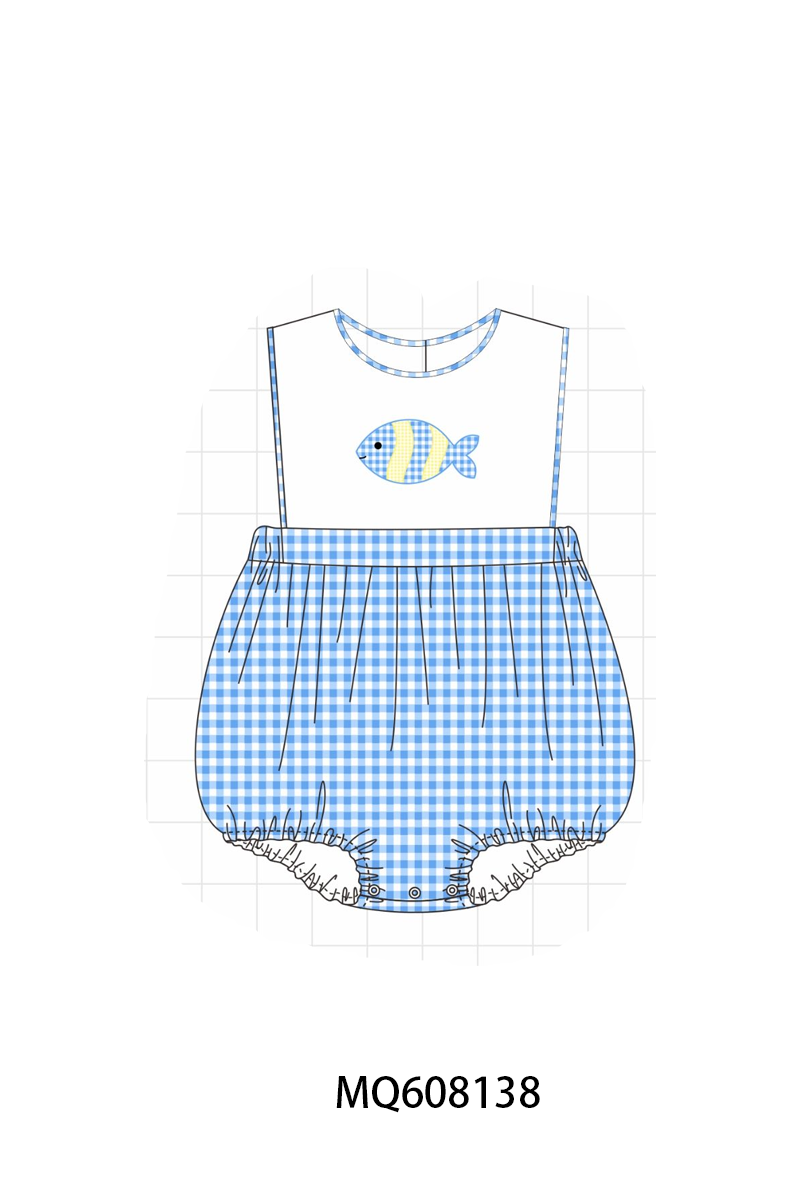 PO103 Blue gingham fish embroidery ruffle collection