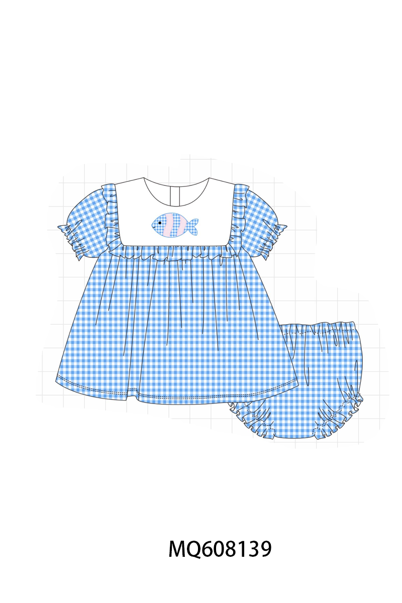 PO103 Blue gingham fish embroidery ruffle collection