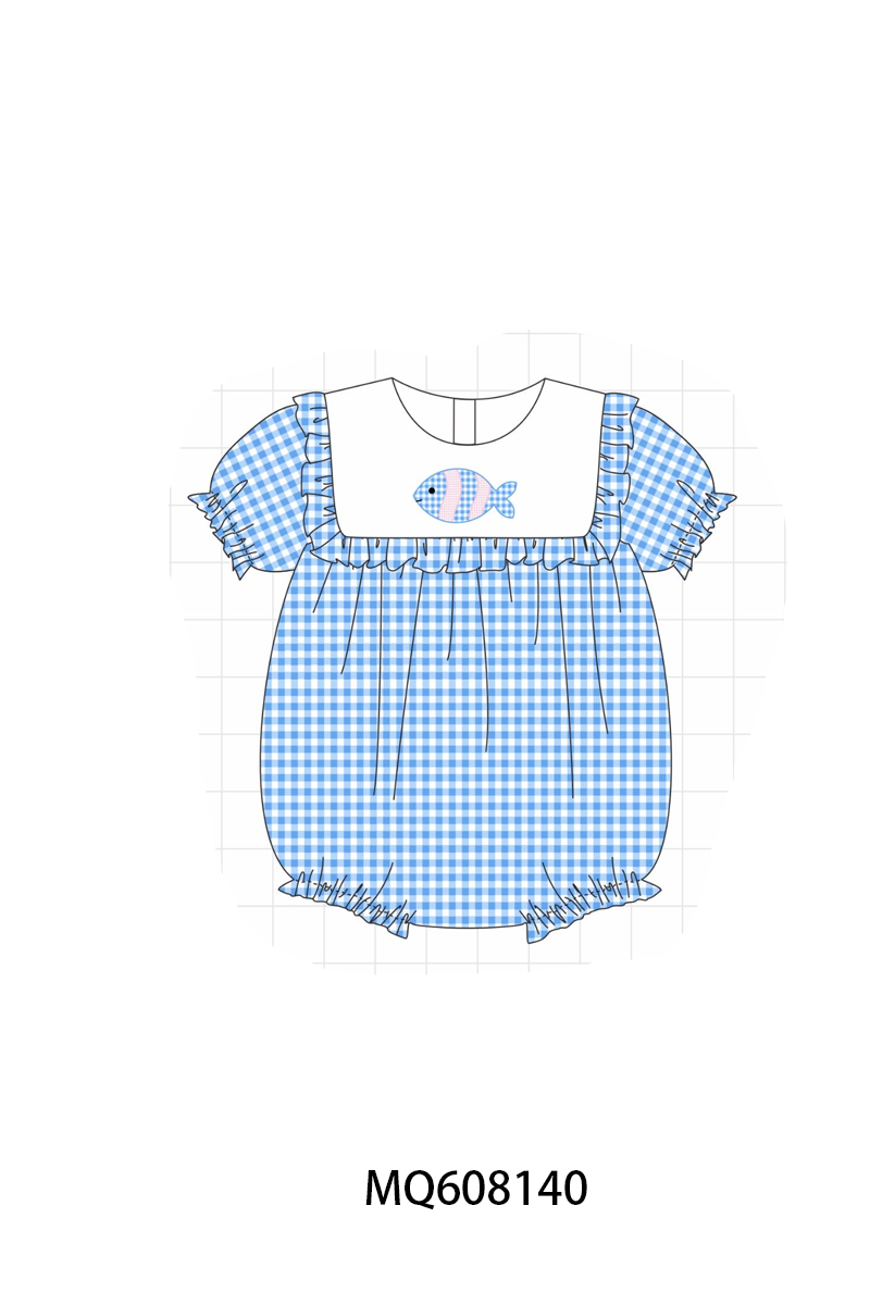 PO103 Blue gingham fish embroidery ruffle collection